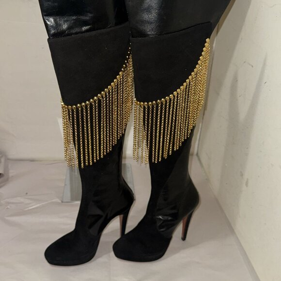 36/6❤️ITALY Francesco Sacco Leather Over Knee High Heels Tall Gold Chain Boots - Picture 3 of 10